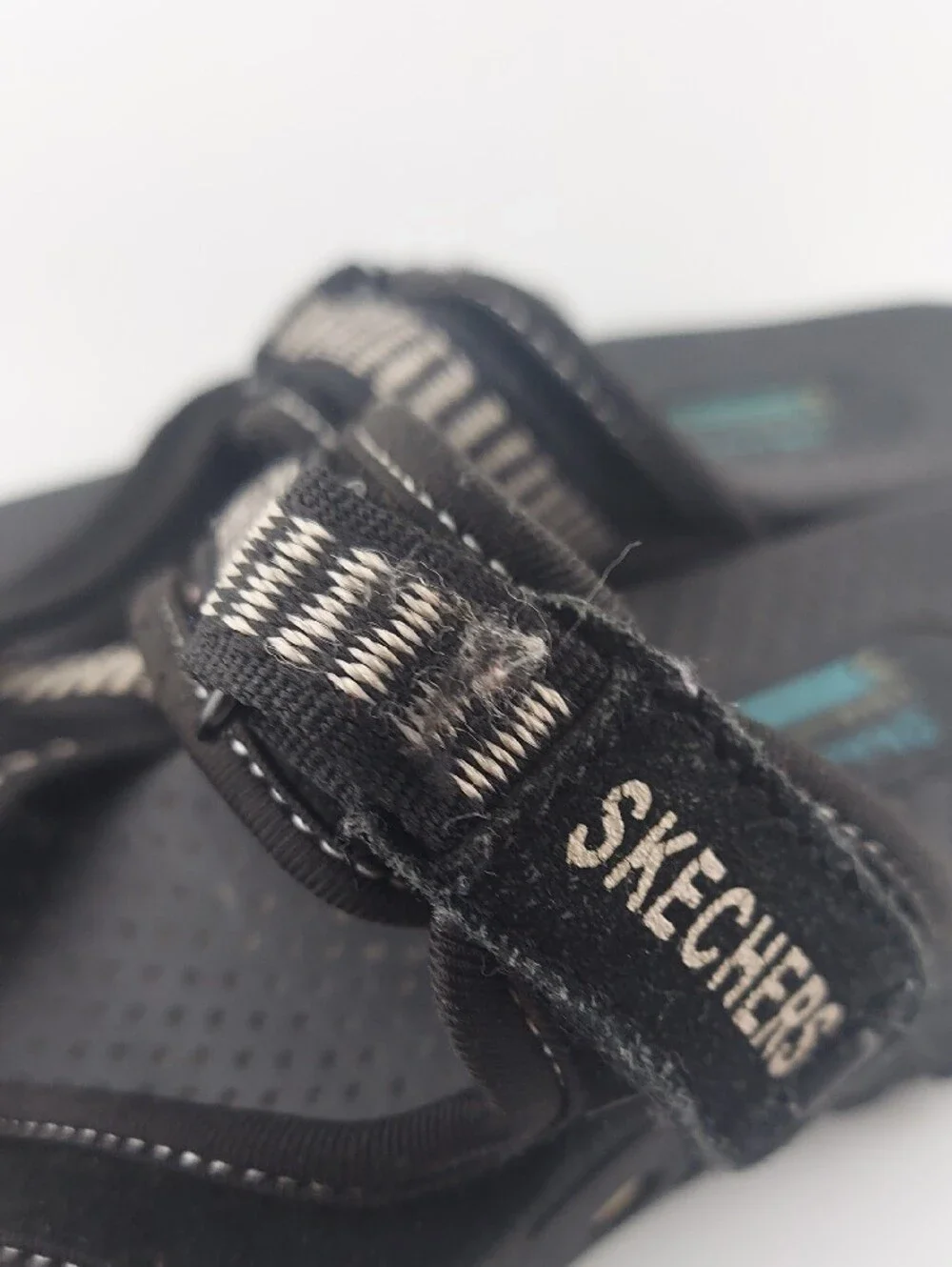 Skechers Womans Black Sandals with White-Striped Webbing